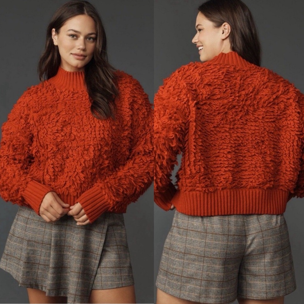 NWT Anthropologie Maeve Callahan Mock Neck Loop Stitch Sweater Red